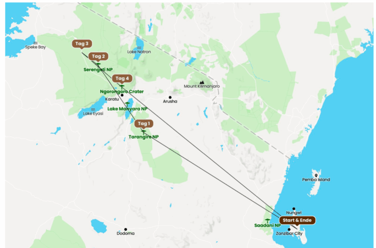 4 days safari from zanzibar map, 4 days serengeti safari map